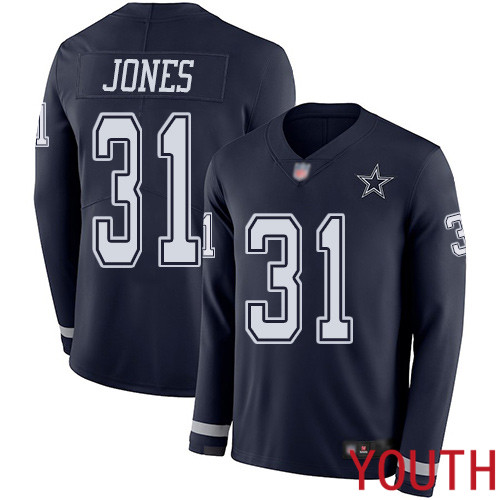 Youth Dallas Cowboys Limited Navy Blue Byron Jones #31 Therma Long Sleeve NFL Jersey->youth nfl jersey->Youth Jersey
